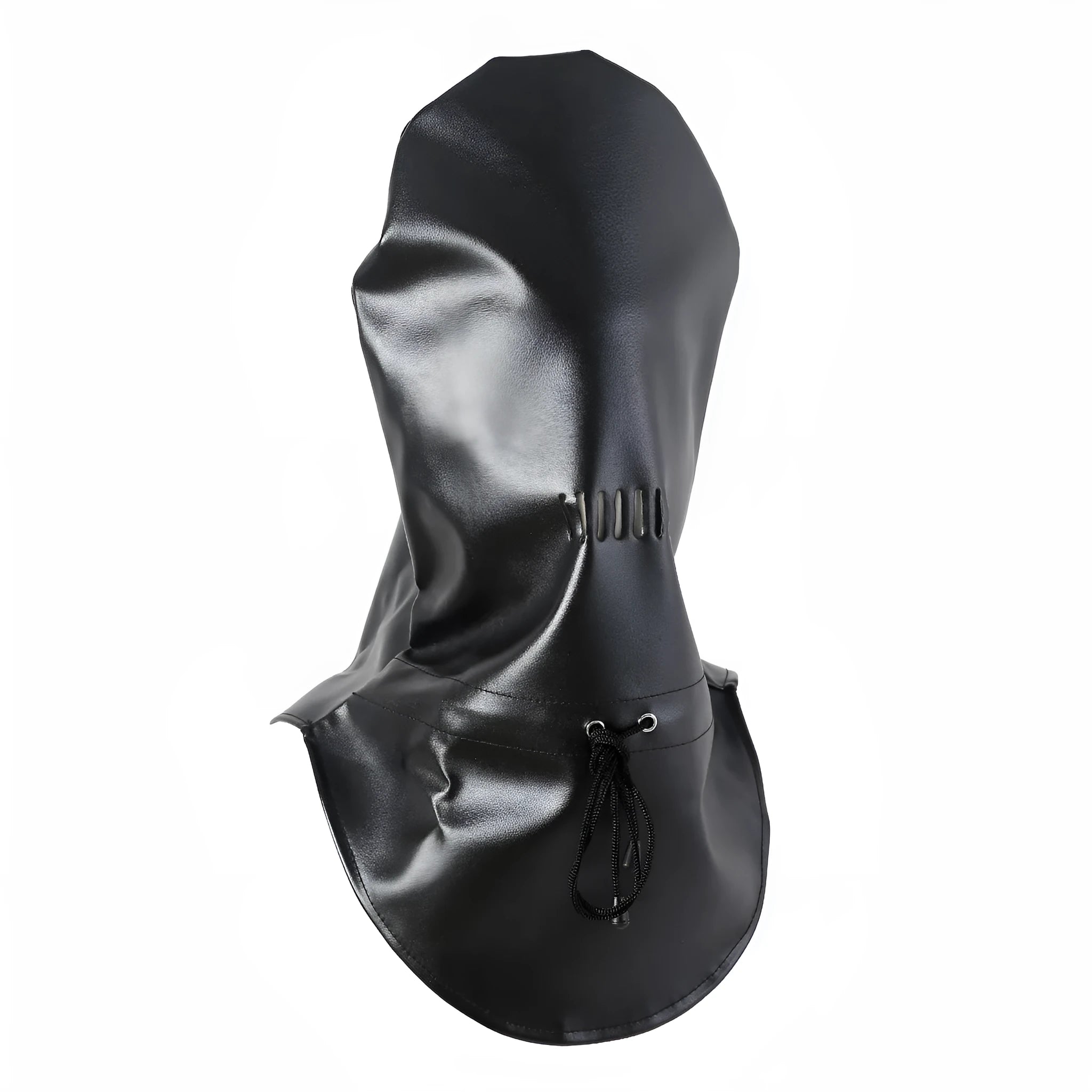 Black leather adult training mask headgear prop on a plain background