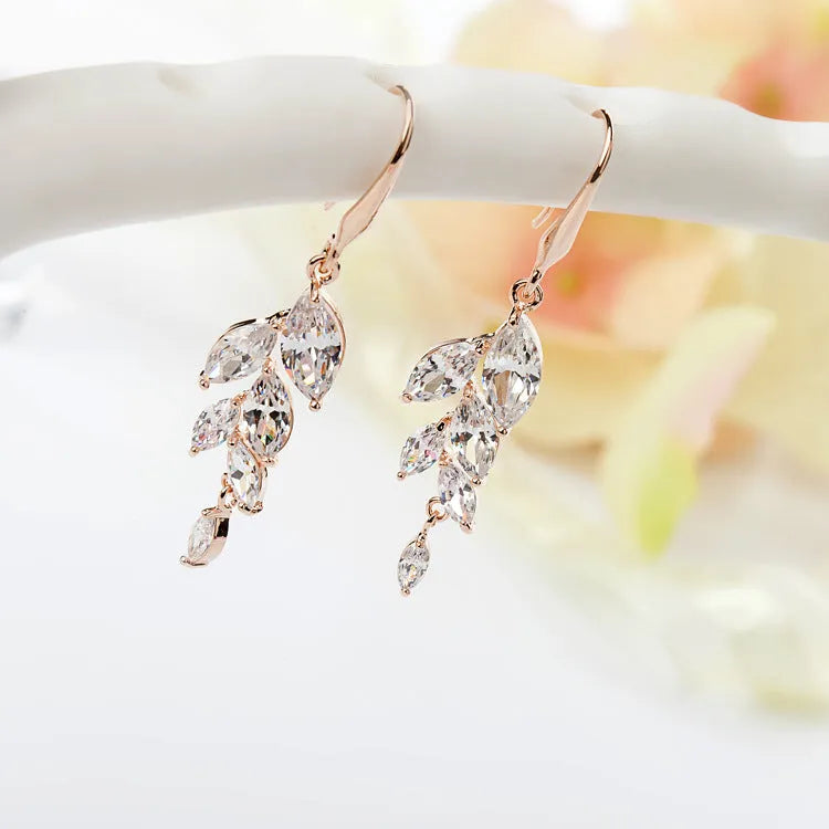 Leaf-shaped zircon earrings for women in rose gold white finish on copper alloy