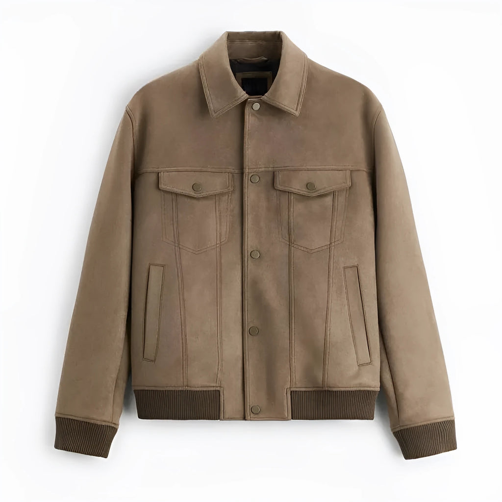 Men's suede velvet commuter jacket in Light Gray colour, showing long sleeves and British style design.