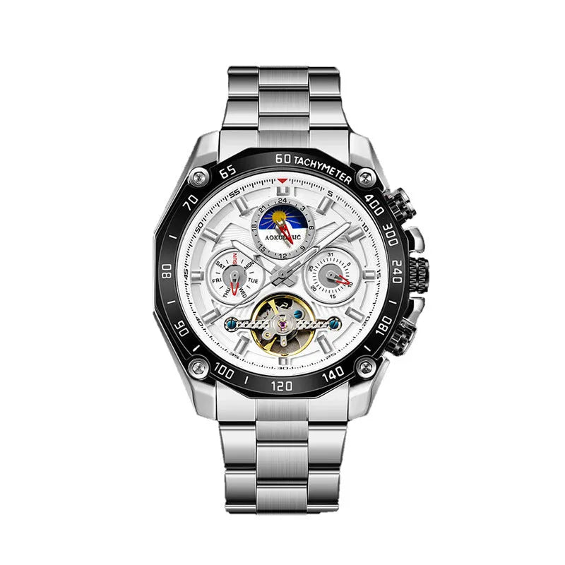 Men's automatic mechanical watch with 12mm case in various colour combinations including silver, black, and black with gold