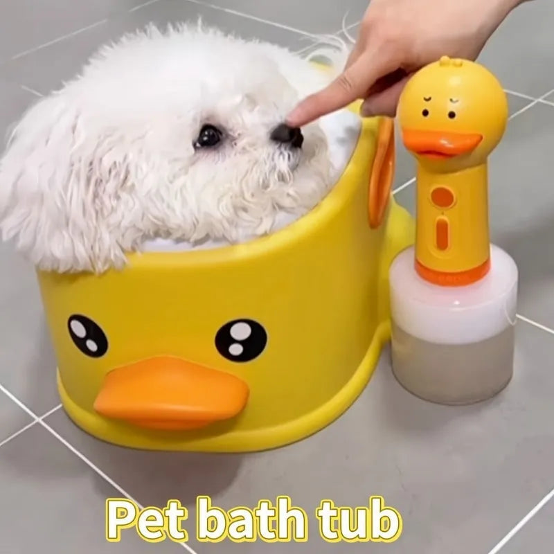 Blue PVC duck-shaped bathtub for washing a small dog or cat.