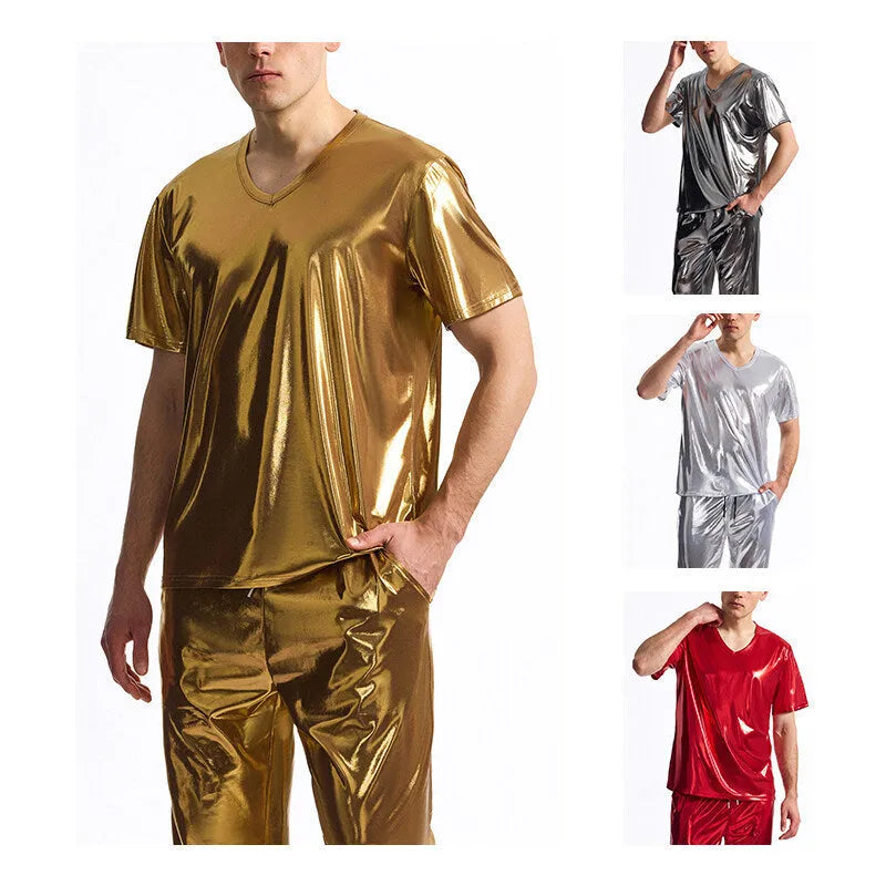 Men's bright surface bronzing disco suit with rabbit fur fabric, short sleeve t-shirt and shorts in silver colour