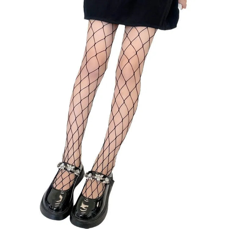 Women's summer mesh stockings showing large, medium and small net patterns in black and white.