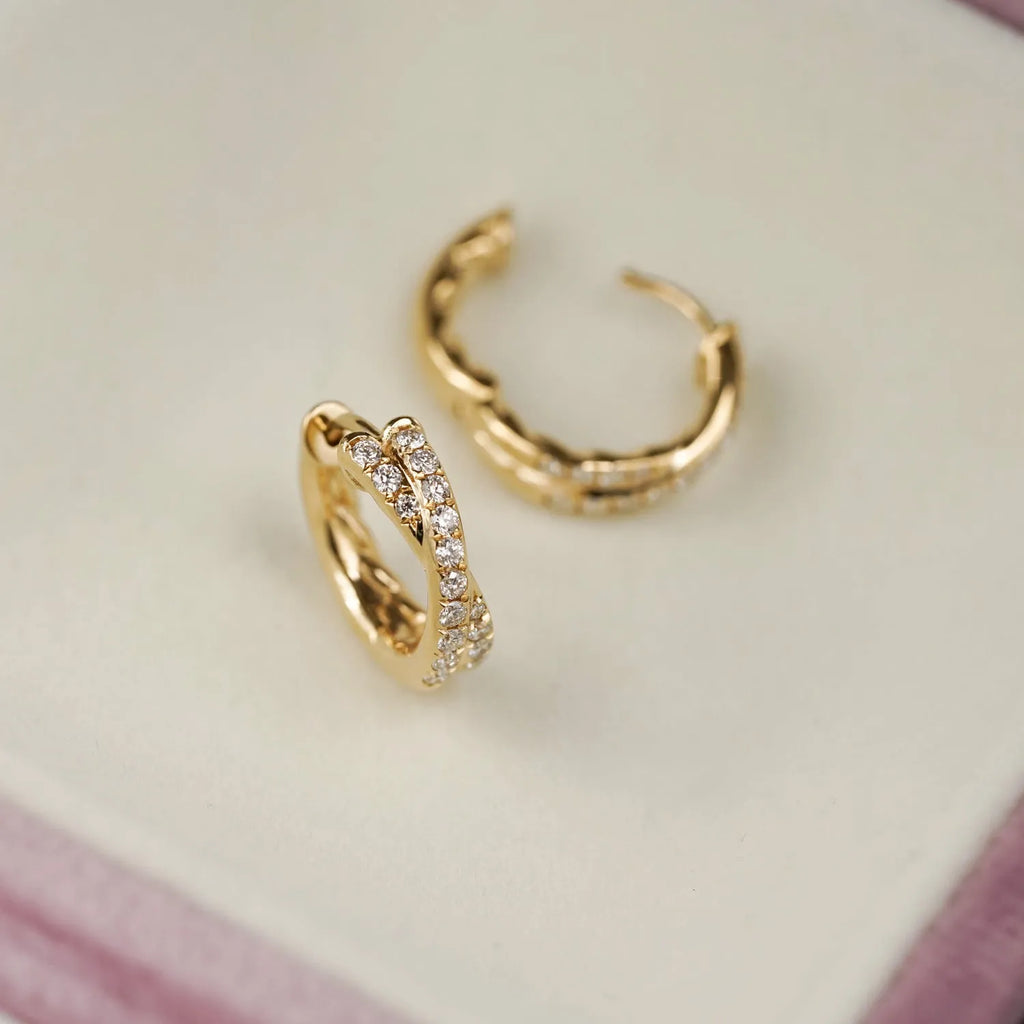 Cross double row twist earrings in 925 silver electroplated 18K gold with 5A zircon, 9mm inner diameter, 12mm outer diameter