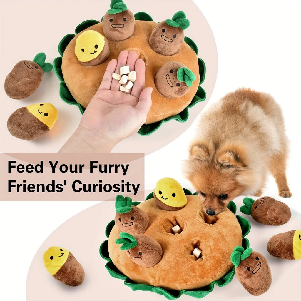 Yellow interactive dog puzzle toy with removable squeaky plush toys and feeding pads