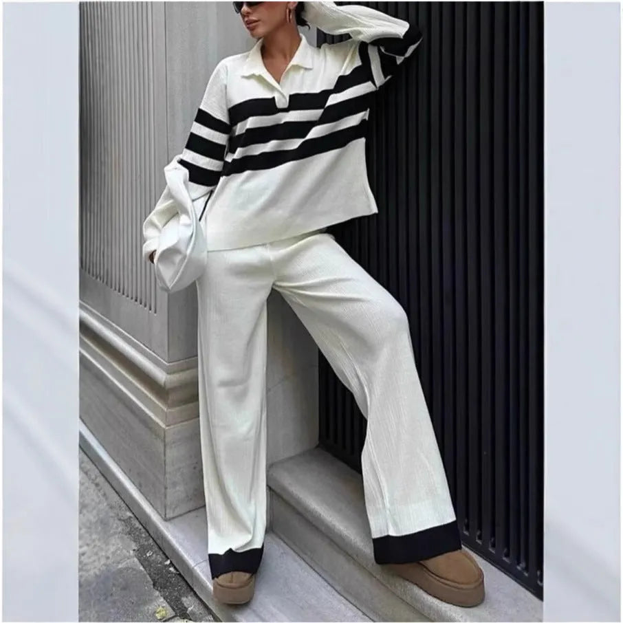 Women's black and white striped knitted polo collar two-piece set with matching trousers