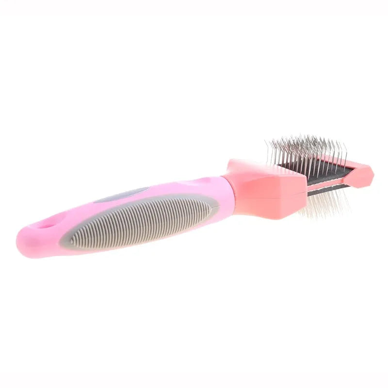 Blue double-sided pet brush with stainless steel pins on a white background, showing both gentle and firm bristle sides.