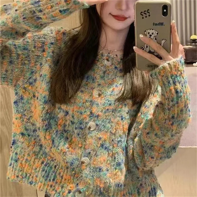 Retro style knitted rainbow sweater cardigan in pink and green ice cream colours