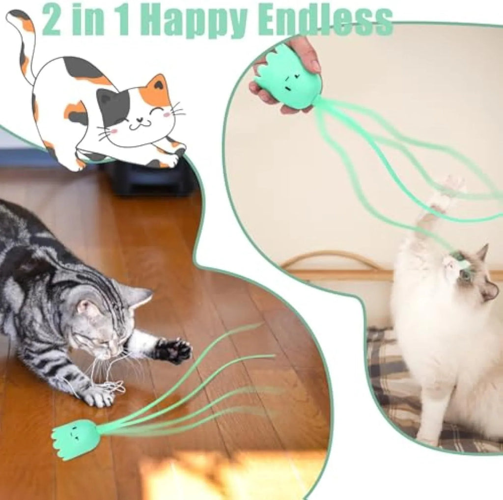 Rechargeable automatic cat toy with motorised swinging silicone tail on green background