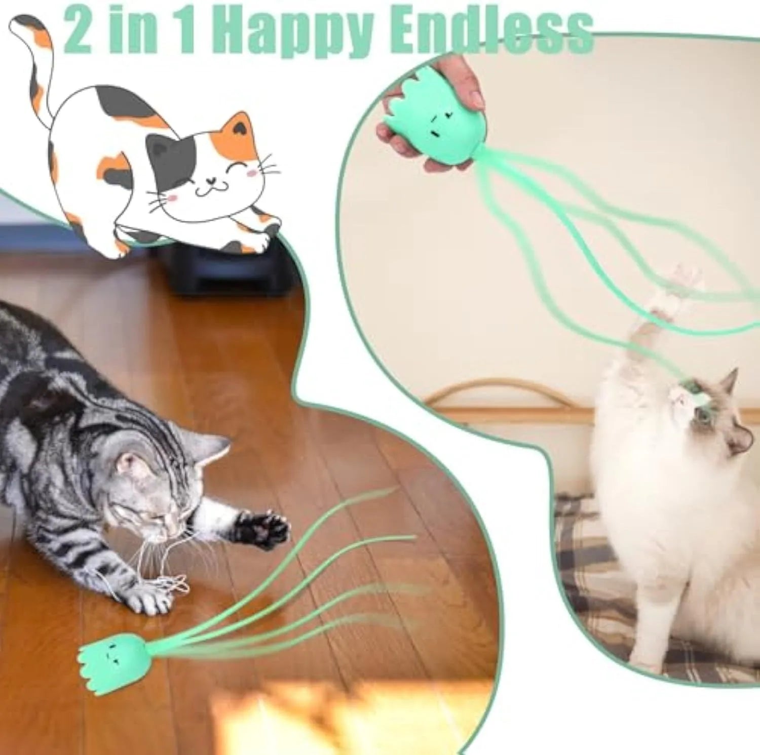 Rechargeable automatic cat toy with motorised swinging silicone tail on green background