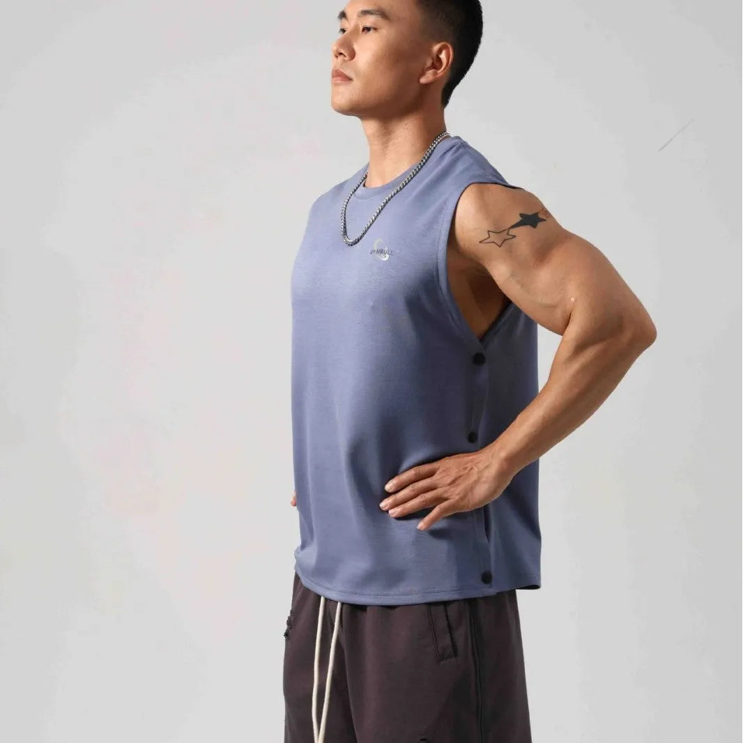 Men's loose black cotton fitness vest showing hidden hook side openings.