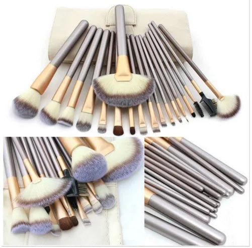 Persian make-up brush set with rice white bristles and champagne handles in 12, 18, or 24 piece options