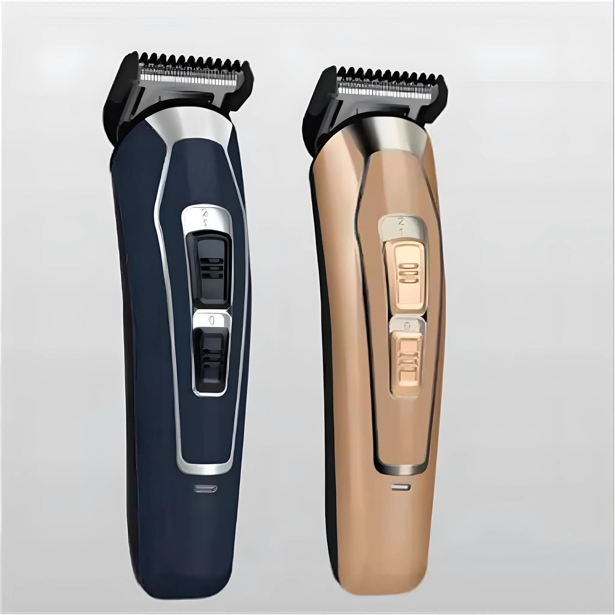 Rechargeable dark blue electric hair clipper with stainless steel blades on a white background.