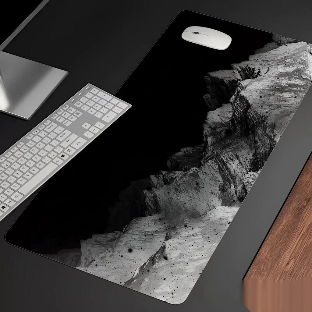 Large personalised cold style print desk mat and mouse pad on a wooden desk
