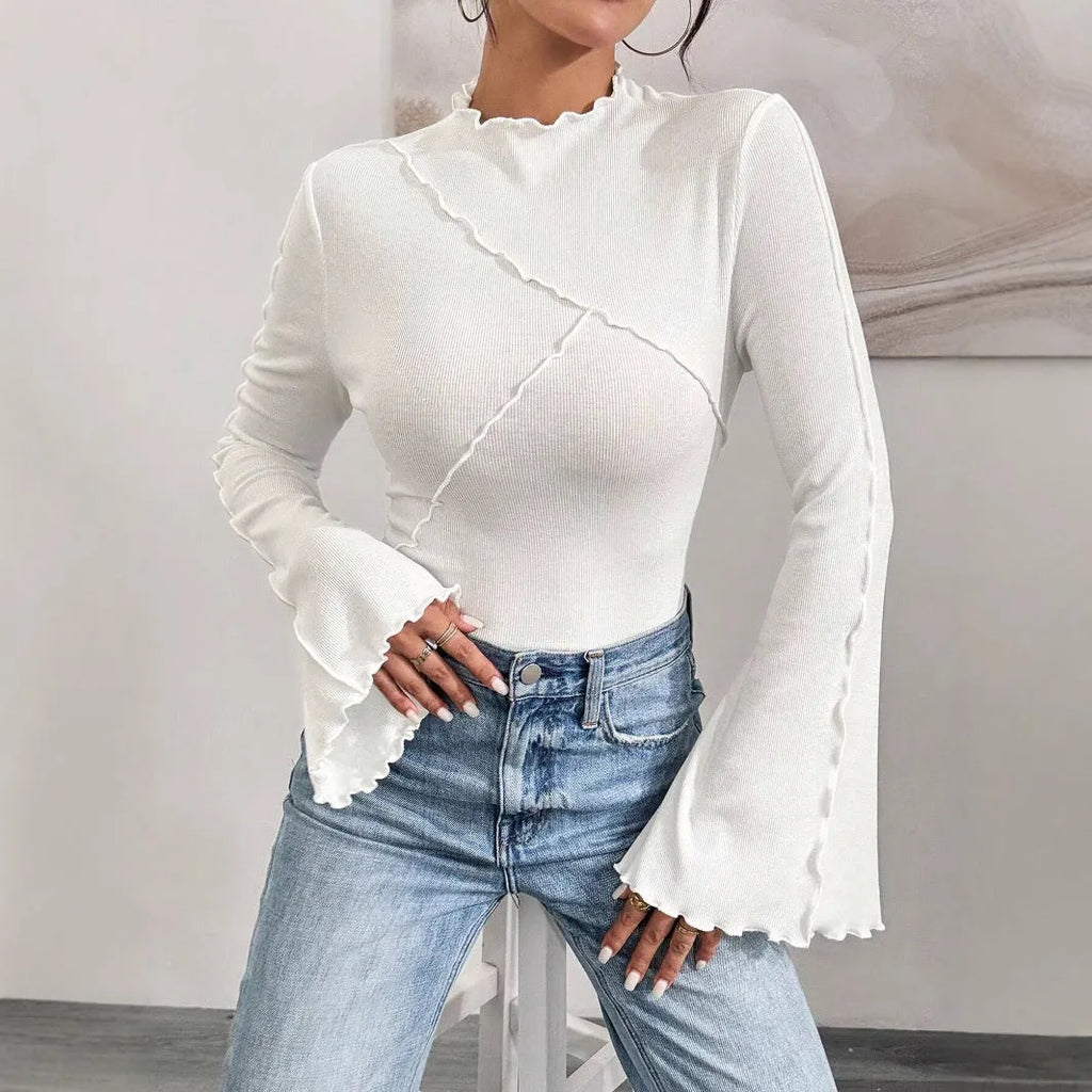 Solid colour beveled bell sleeve slim fit pullover with ruffled collar in black, front view