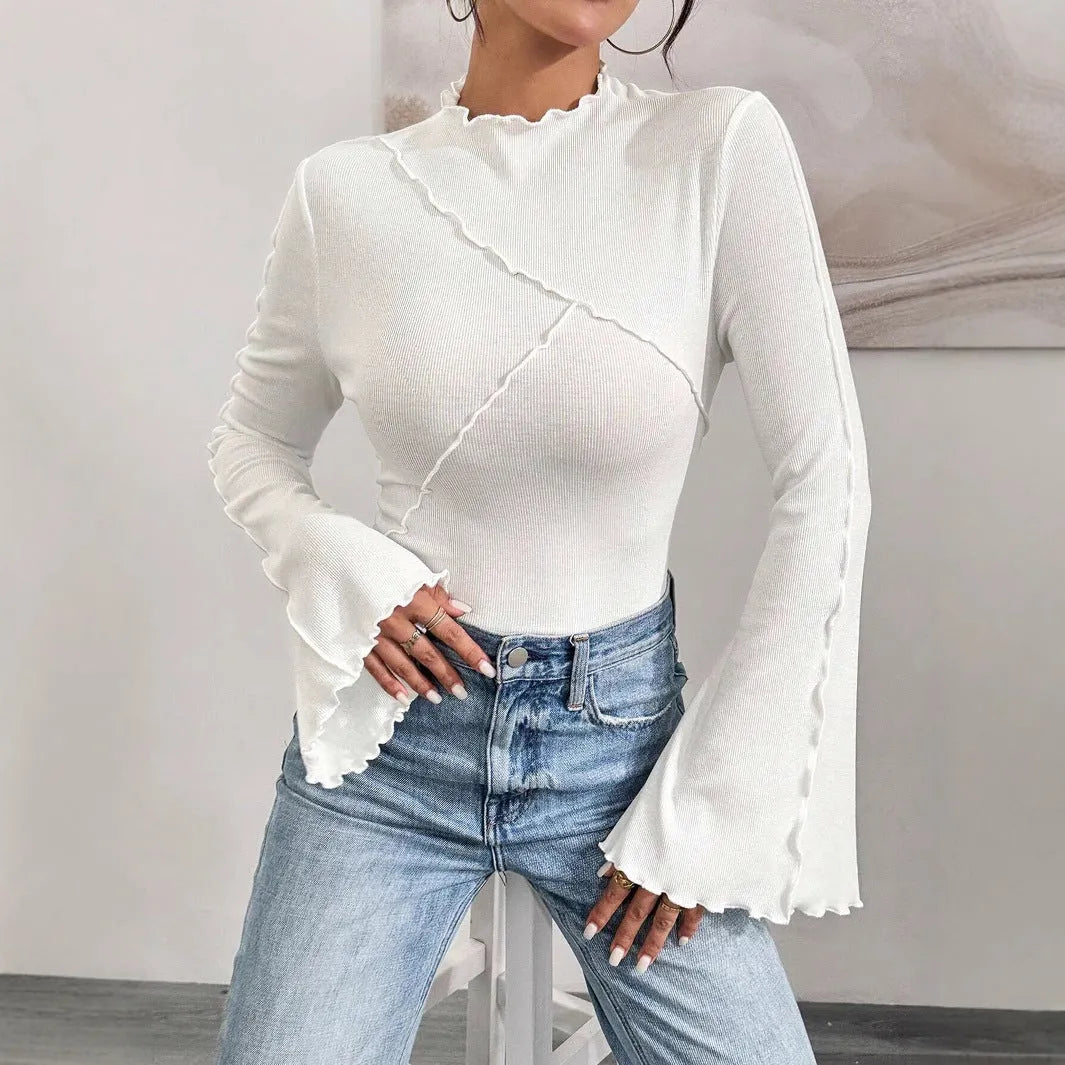 Solid colour beveled bell sleeve slim fit pullover with ruffled collar in black, front view