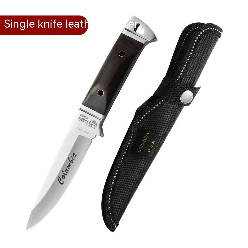 Stainless steel camping fruit knife with brown leather protective case