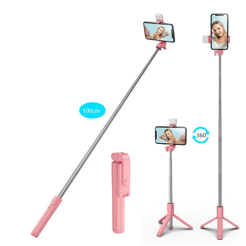 Aluminium alloy Bluetooth selfie stick and tripod with phone holder, shown in black colour.