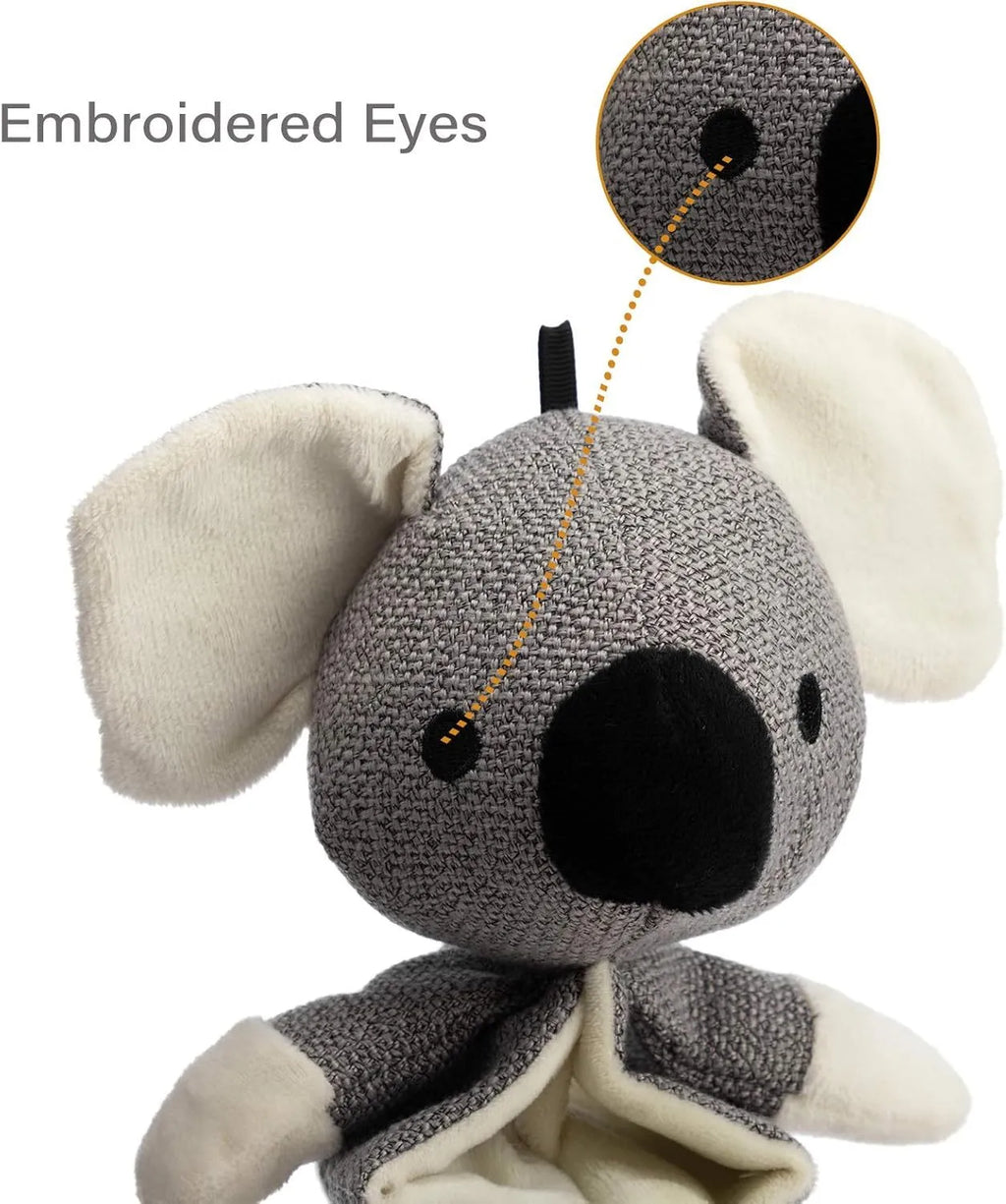 Grey koala-shaped dog chew toy measuring 30cm with plush limbs and crinkle paper inside.