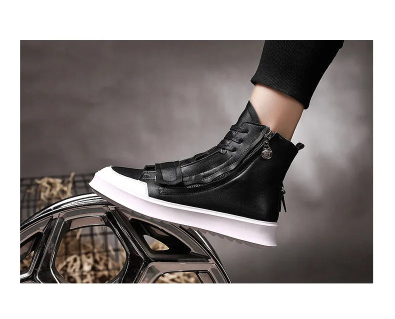 Men's black and white PU leather winter ankle boots in high-top sneaker style with microfiber upper