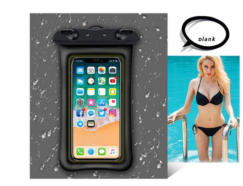 Orange PVC waterproof phone pouch with neck rope showing double airbag design