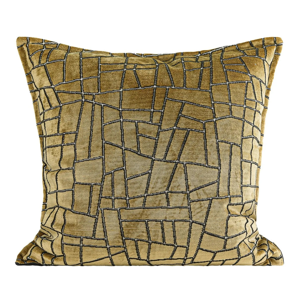 Geometric abstract pattern cushion cover in gold colour with square and waist pillow size options