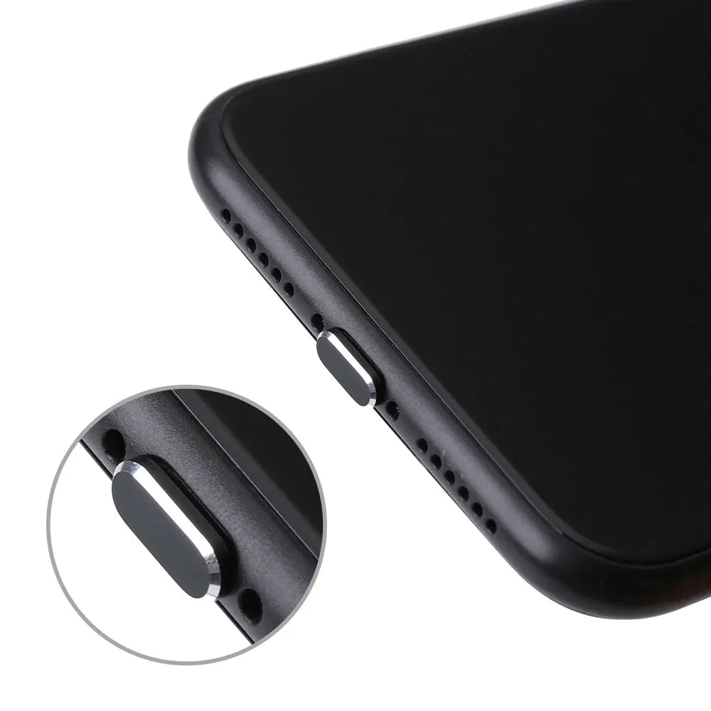 Aluminium alloy dust plug for iPhone charging port in gold, silver, blue, red, grey, black, and rose gold colours.