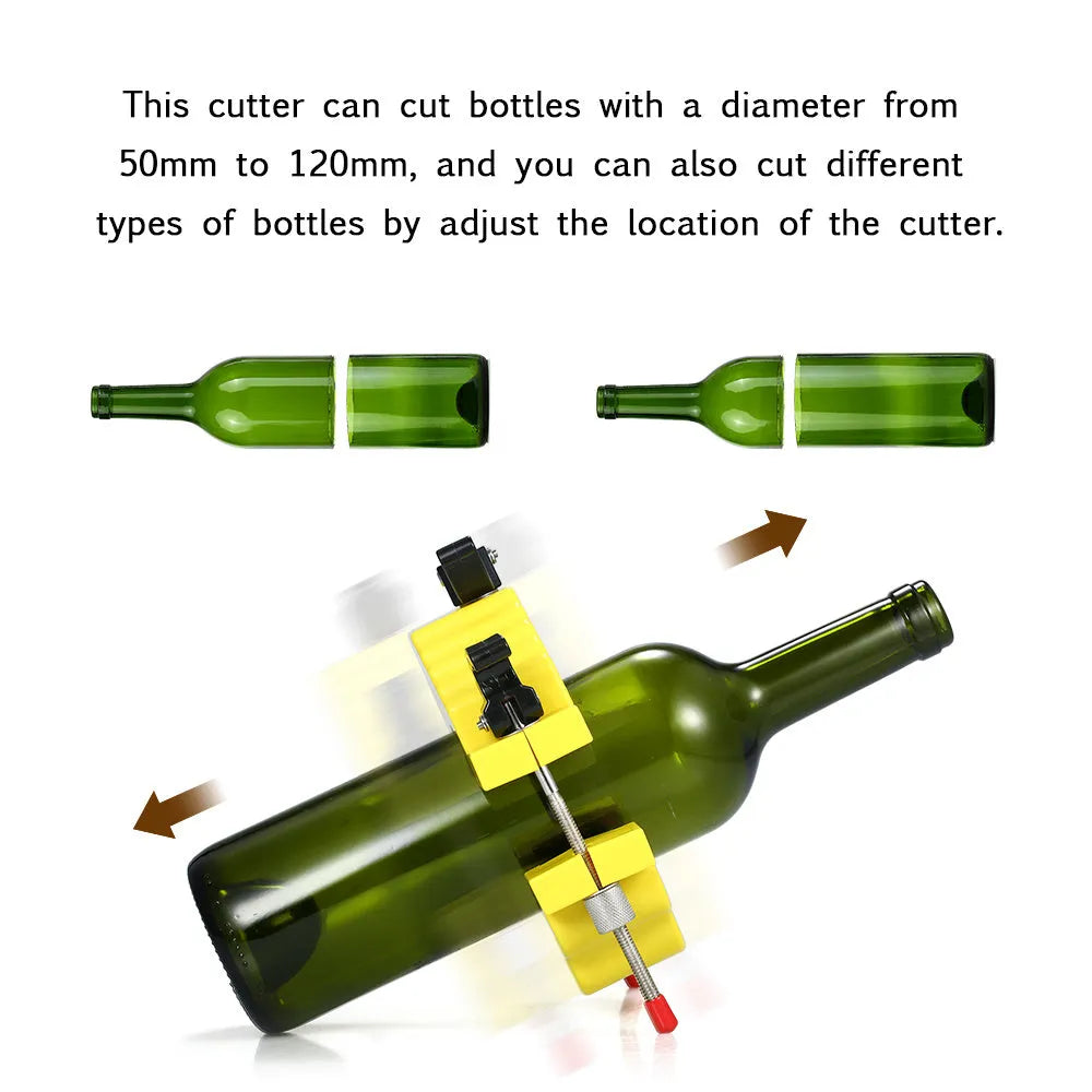 Yellow bottle cutter tool for cutting glass bottles from 50mm to 120mm diameter for DIY crafts