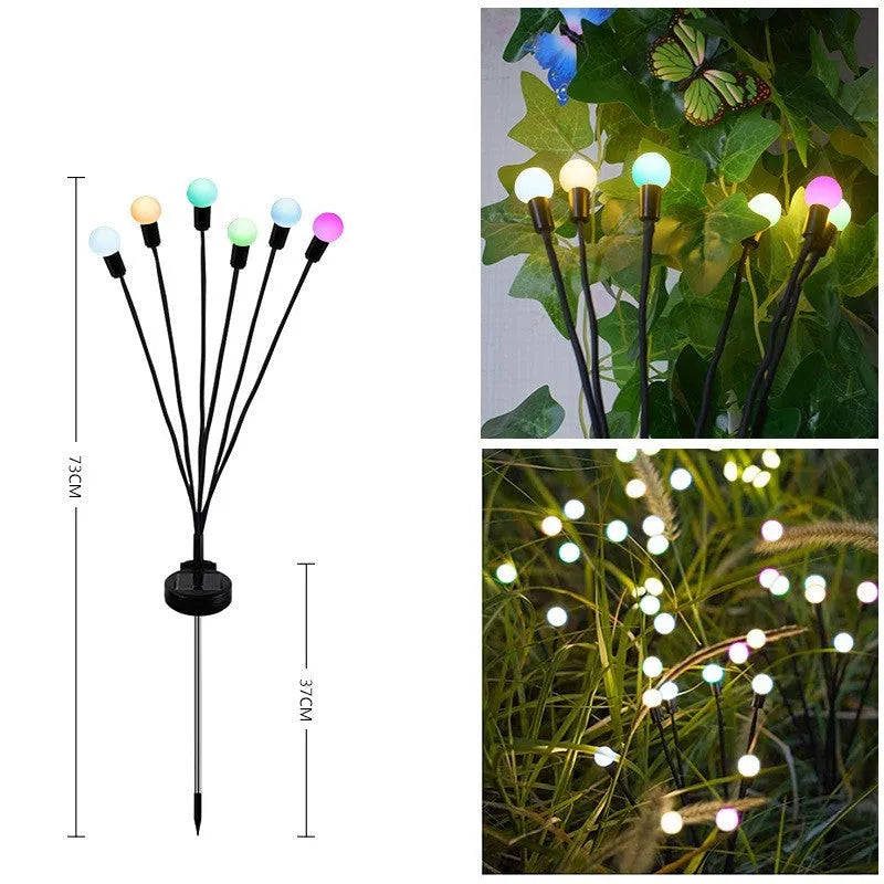 Solar-powered LED firefly ground lamp with multiple heads and ground spike for garden installation