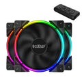 Three black 120 mm PC chassis fans with RGB lit blades on a dark background.