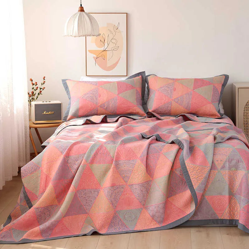 Cotton gauze bed blanket three-piece set with floral pattern in three size options