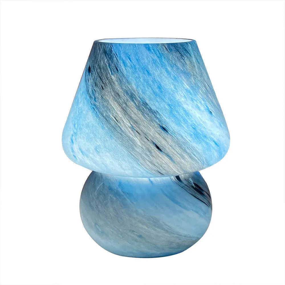 Handmade glass mushroom table lamp in Earth colour with E27 base on bedside table