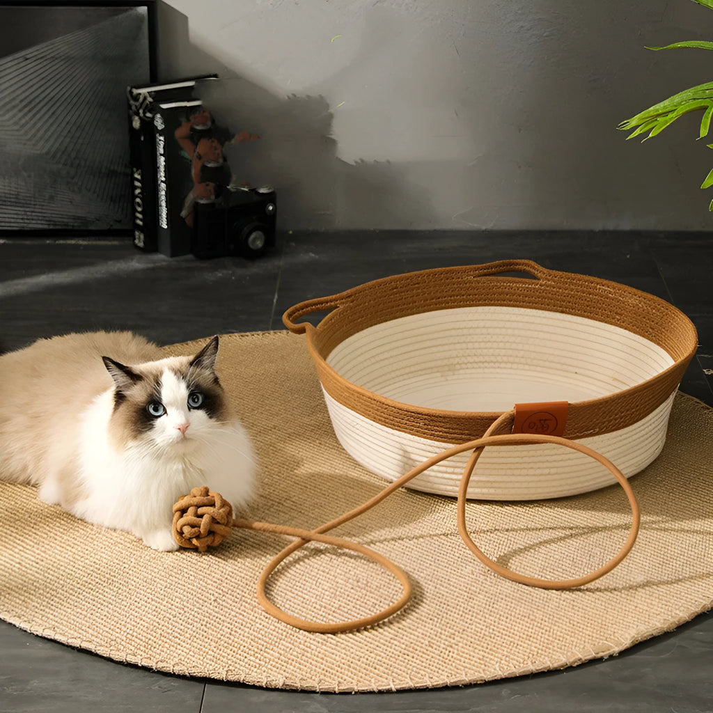 Grey cotton rope and rattan cat nest with optional cushion, small 35cm size