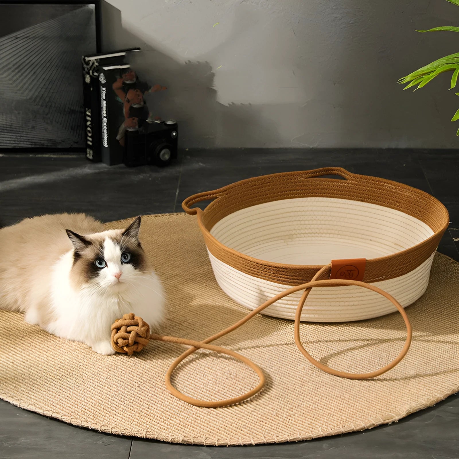 Grey cotton rope and rattan cat nest with optional cushion, small 35cm size