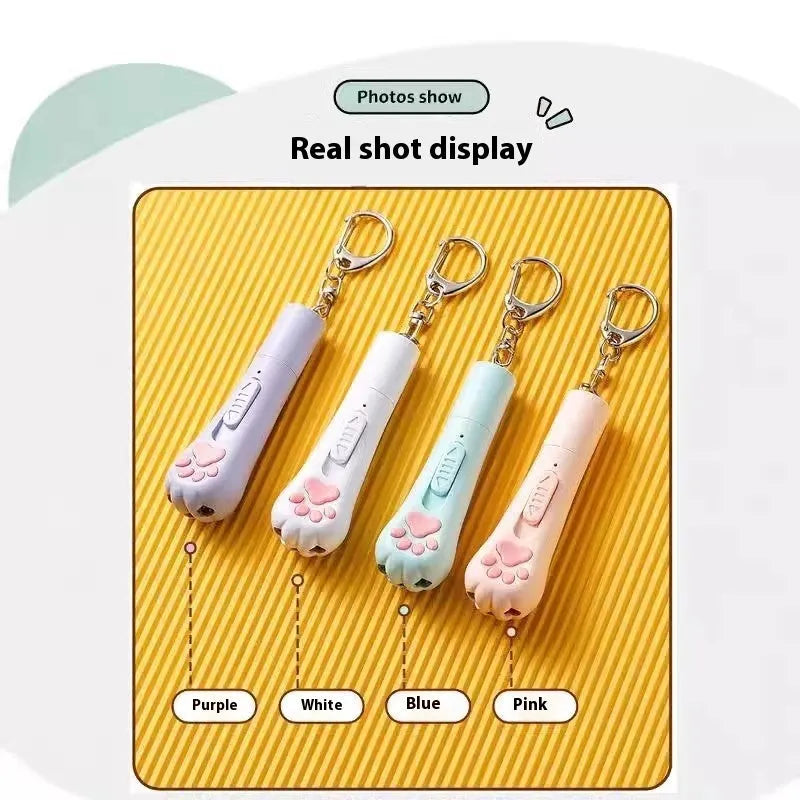 Rechargeable cat teaser toy with feather attachment and pen light in pink, cream white, or sky blue colour options