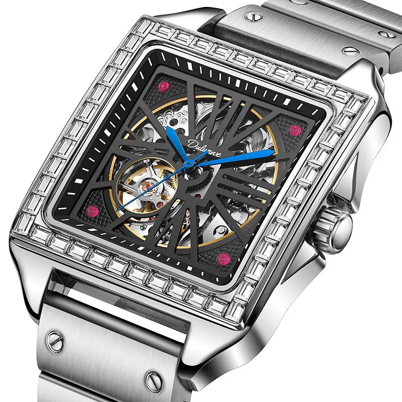 Men's square automatic watch with diamond-studded dial on a black leather strap.