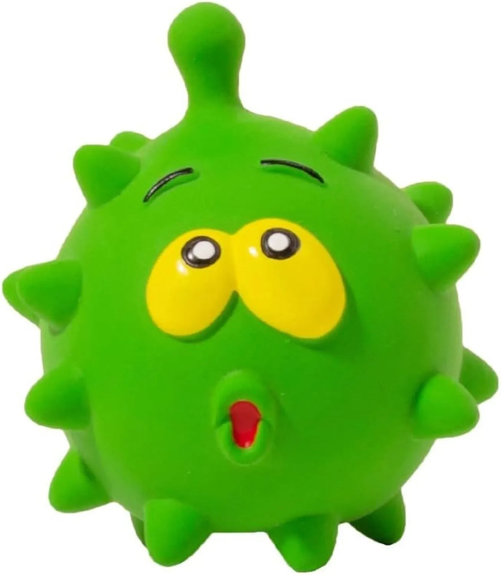 Four colourful natural latex squeaky dog toy balls with cute faces on a blue background.