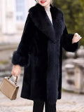 Women's grey thick faux rabbit fur mid-length coat with fur collar on a hanger