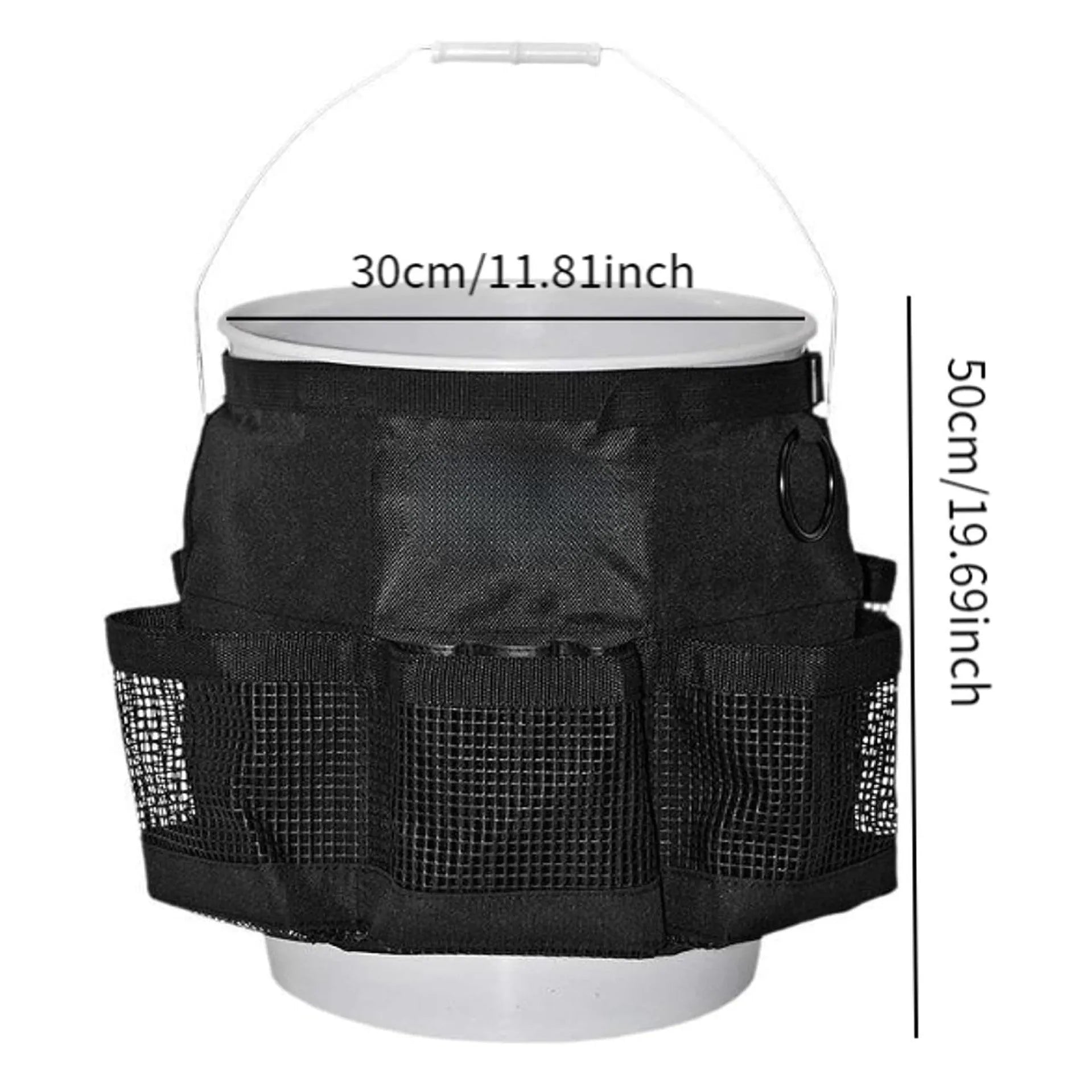 Black cylindrical polyester storage bag mounted on 5 gallon barrel with carry handles visible