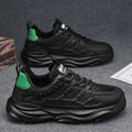 Men's white and black breathable PU mesh casual trainers with round toe.