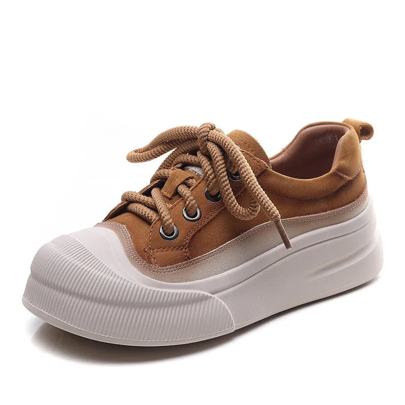 Yellow women's leather lace-up casual shoes with round toe on a plain background.