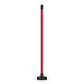 Red and blue aluminium alloy golf swing alignment trainer on a practice mat.