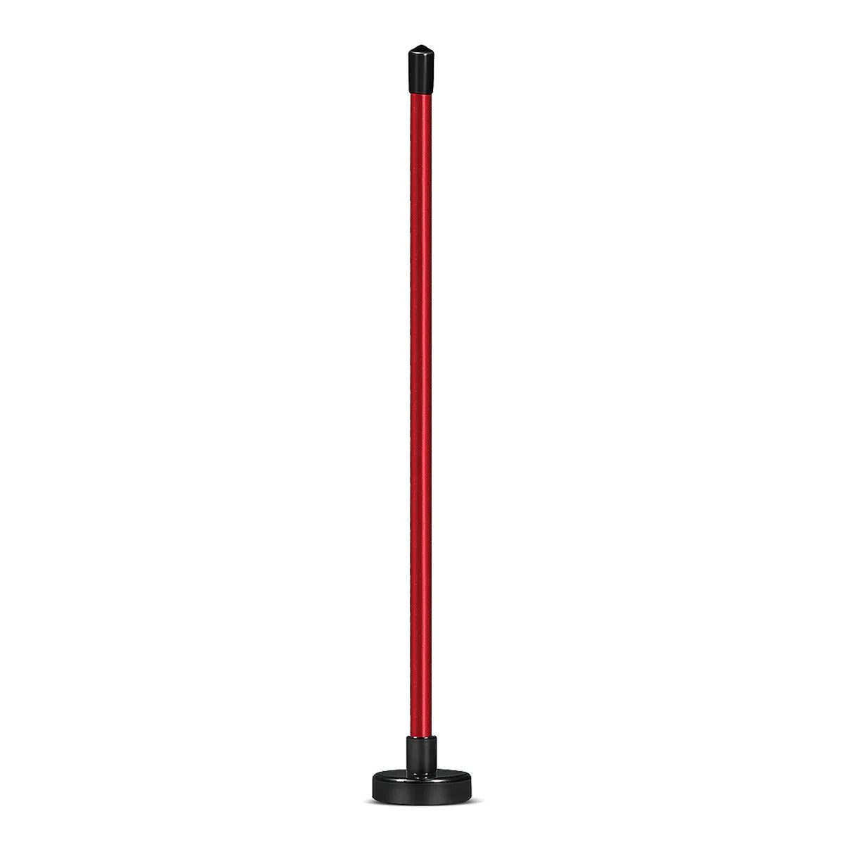 Red and blue aluminium alloy golf swing alignment trainer on a practice mat.