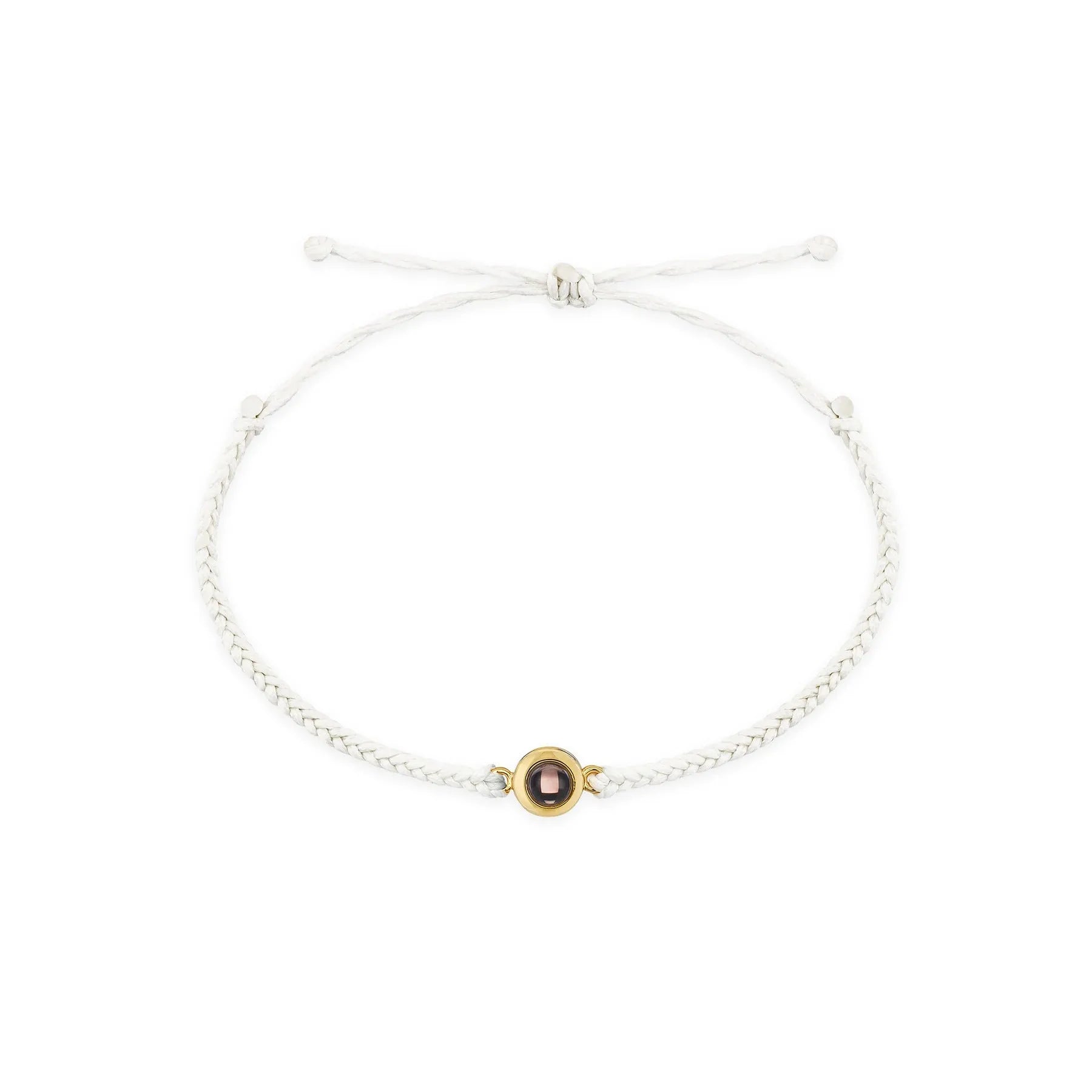 Handcrafted custom photo projection bracelet in silver with white rope, featuring alloy pendant with gold-plated inlaid artificial gemstones