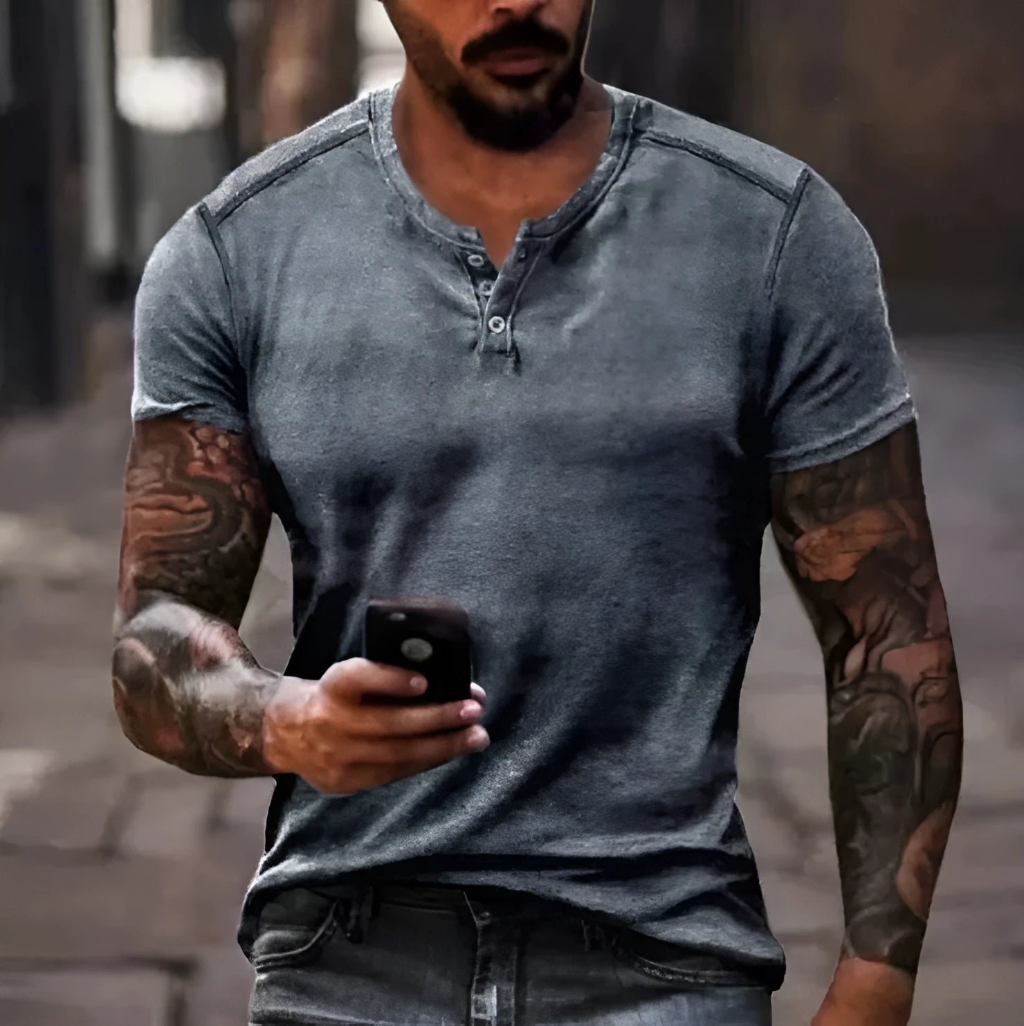 Men's short sleeve sports T-shirt with lapel button detail in bird eye cloth polyester.