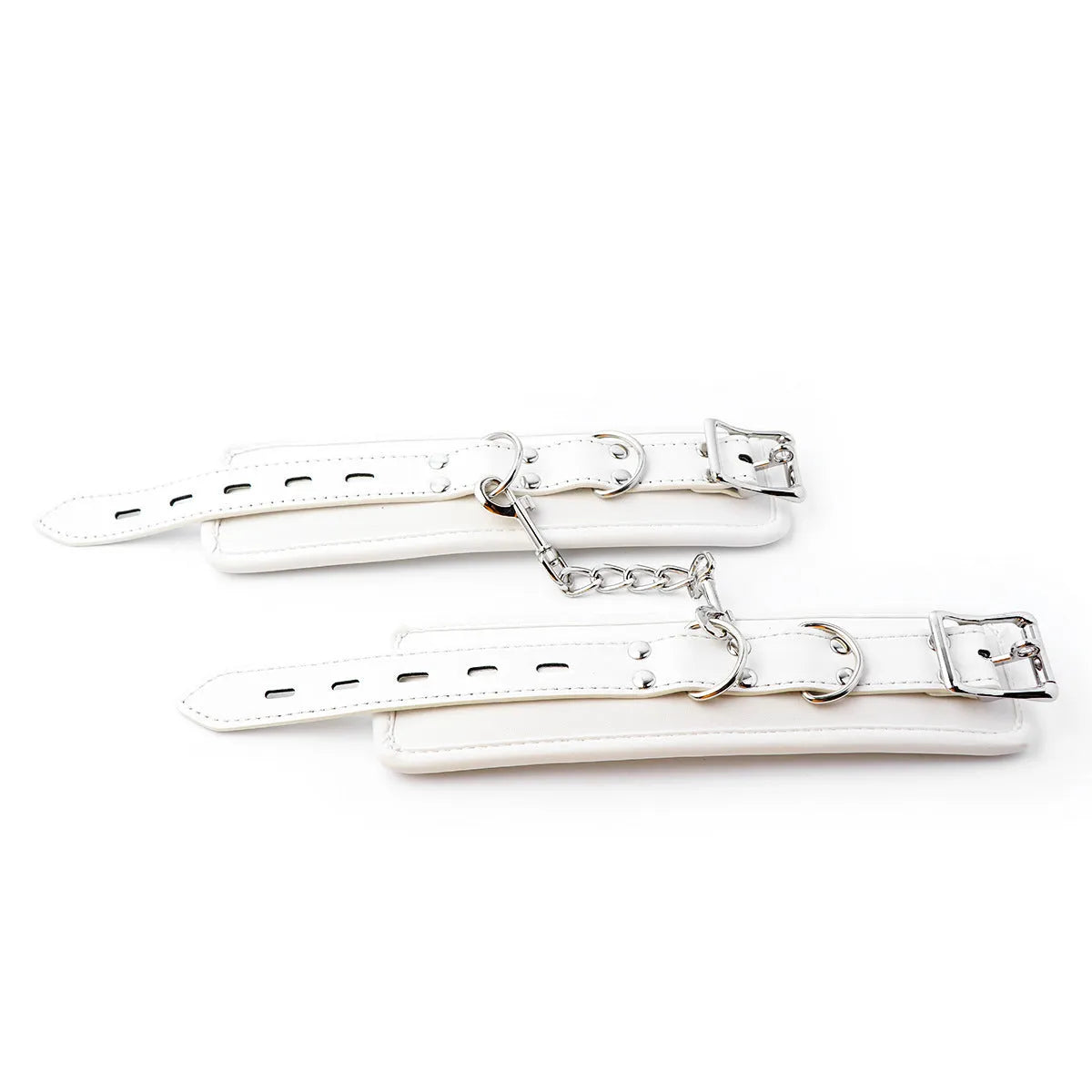White PU sponge bondage set showing handcuffs, footcuffs, and a neck scarf arranged together.