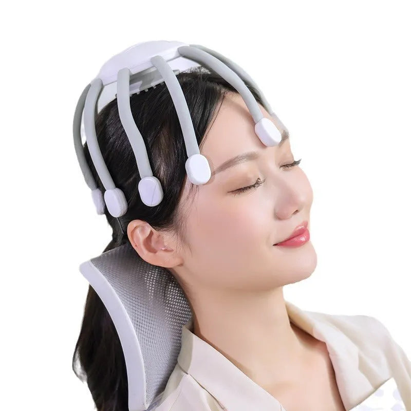 Black USB-powered electric head massager with multiple vibrating claws on scalp