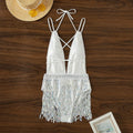 White women's one-piece swimsuit with deep V-neck, tassel hem detailing, and briefs-style bottom