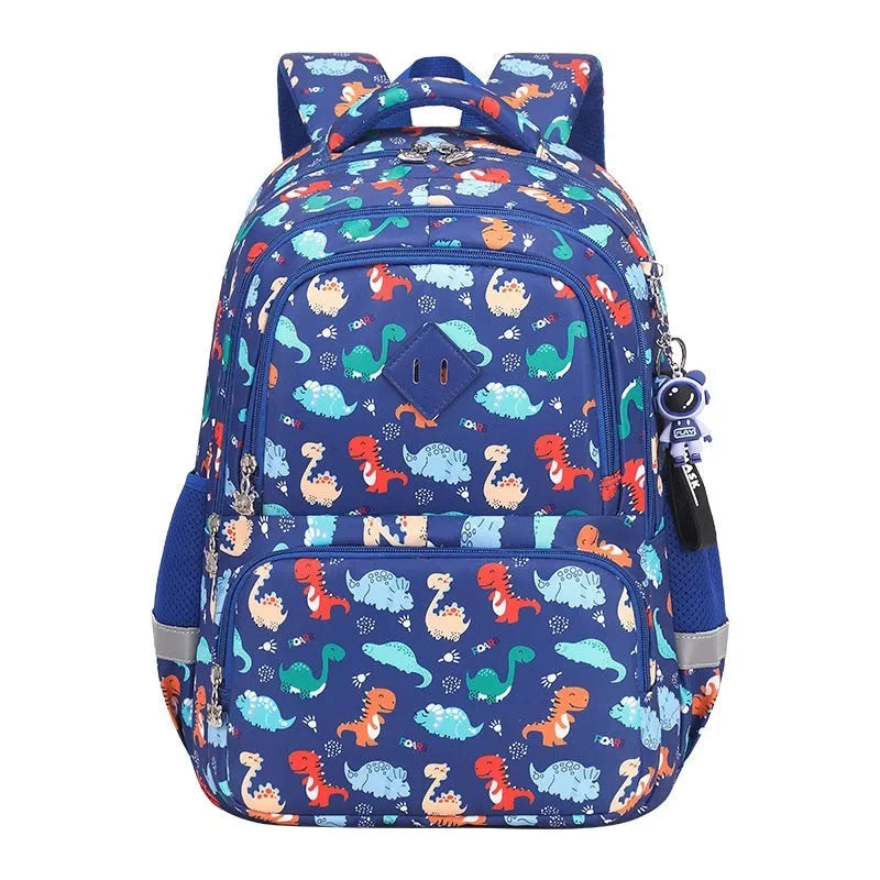 Blue dinosaur pattern children's waterproof school backpack with curved shoulder straps.