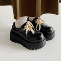 Matte black women's lace-up shoes with a thick rubber sole and a 6-8cm English muffin heel